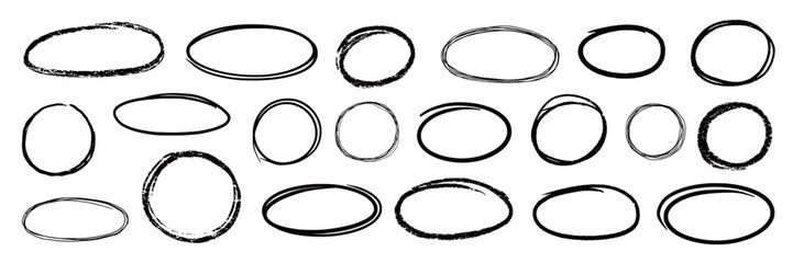 Aufkleber - Line brush pen highlight round oval frame set. Hand drawn marker, pen scribble stroke line oval frame. Brush round frame for text highlight ellipse. Grunge scratch style set. Vector illustration