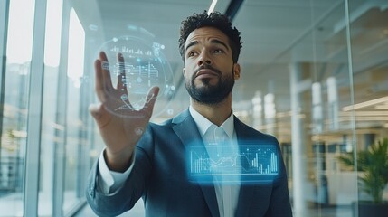 Poster - Modern Businessman Interacting with Futuristic Holographic Interface
