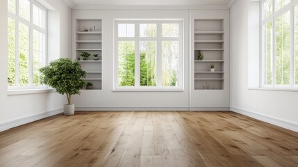 Poster - Bright and Airy Room Featu Hardwood Floors and Large with Built-in White Shelving in a Modern Minimalist Aesthetic Design Setting