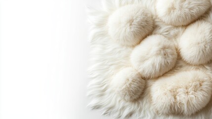 Poster - Close-up view of fluffy round pom-poms on a textured white rug against a bright white background creating a soft and cozy interior decor effect.