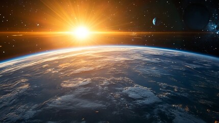 Wall Mural - stunning sunrise over earth from space with planets and stars sky day view rays blue dark image worl