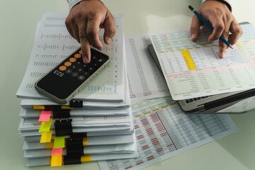 Poster - man accountant working on desk using calculator calculate while working analytic Accounting
