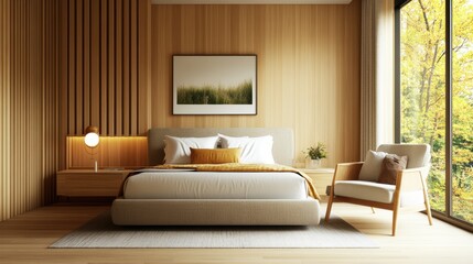 Poster - minimalist bedroom design with light beige walls, wooden floors, gray upholstered bed, wood slat acc