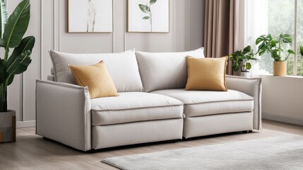 Poster - Cozy light beige fabric loveseat with mustard yellow throw pillows in a modern living room featu light wood floors and botanical prints on the wall