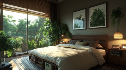 Poster - Sunlit bedroom featu a spacious bed surrounded by lush potted plants, botanical prints, and a view of a verdant outdoor space through glass doors