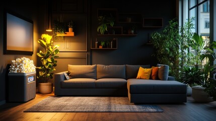 Poster - A modern dimly lit living room showcasing a dark gray sectional sofa, a vintage popcorn machine, lush potted plants, and a large flat-screen television
