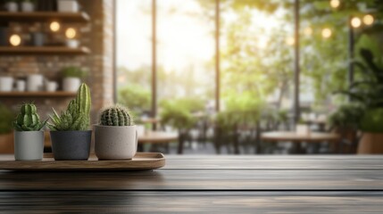 Poster - Three small succulents displayed in individual pots on a wooden tray with a blurred restaurant background creating a warm, inviting atmosphere indoors