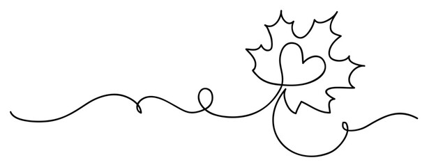 Aufkleber - One line drawing. Abstract decorative horizontal border element with maple leaf and heart. Beautiful hand drawn leaf on white background. I love autumn border design elements. Vector illustration