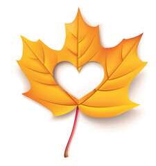 Aufkleber - Yellow autumn maple leaf with heart shaped cutout and realistic shadow isolated on white background. I love Autumn. Vector stock illustration.