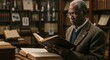 © SimpleDesignStudio - A distinguished older Black man wearing glasses and a tweed jacket intently reads a large, old book in a classic library setting with rows of bookshelves.