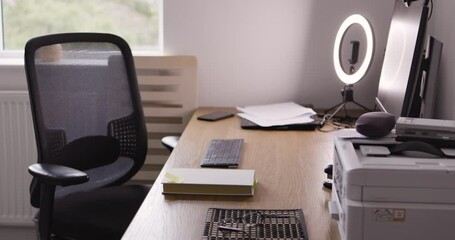 Poster - Desk in home office, technology and social media influencer workspace, computer and selfie ring with printer for online connection. Connect, workplace chair and web, blog or vlog on the internet.