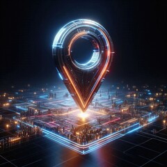 Poster - futuristic Location Pin Icon with led lighting, made from futuristic  material, and is displayed on the black background