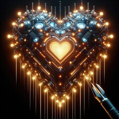 Poster - futuristic Heart Icon with led lighting, made from futuristic material, and is displayed on the black background.