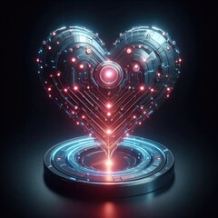 Poster - futuristic Heart Icon with led lighting, made from futuristic material, and is displayed on the black background.