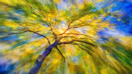 Poster - Radiant sunlight streaming through the lush leaves of a majestic tree creating a surreal and dreamlike atmosphere of flickering moonbeams and nature's glow