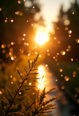 Poster - Morning light filters through the trees, illuminating sparkling dew drops resting on delicate leaves. A peaceful pathway invites exploration amidst nature's beauty Generative AI