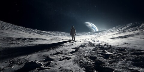 Wall Mural - Astronaut standing on the moon, gazing at Earth in the distance under a starry sky