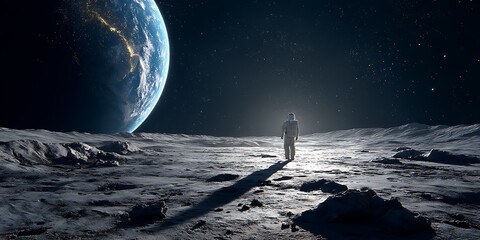 Wall Mural - Astronaut standing on the moon, gazing at Earth in the distance under a starry sky