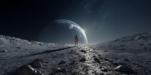 Wall Mural - Astronaut standing on the moon, gazing at Earth in the distance under a starry sky
