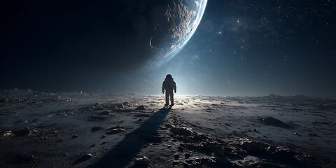 Wall Mural - Astronaut standing on the moon, gazing at Earth in the distance under a starry sky