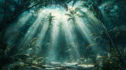 Poster - Glorious forest with sunlight streaming through the trees illuminating the surrounding landscape with a beautiful natural glow