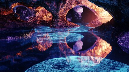 Poster - An enigmatic cave with a stunning reflection of a rock creating a unique natural scene filled with glowing light and texture