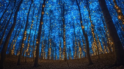 Poster - Enchanted forest filled with twinkling lights creating a magical ambiance under low-key lighting perfect for evening walks in nature