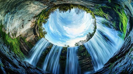 Poster - Majestic waterfall in a surreal setting creating a dreamlike scene of nature's beauty with dramatic elements and enchanting flow