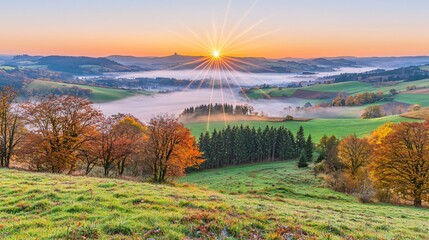 Poster - Breathtaking sunrise over a majestic valley bathed in ethereal light creating a stunning natural landscape with soft colors and tranquil atmosphere