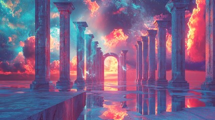 Poster - Enchanting fantasy landscape featuring a dreamlike pool under a sky filled with whimsical clouds in surreal low-key light atmosphere