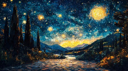 Poster - Beautifully painted starry night with enchanting twilight glow in a stunning illustration capturing the magic of celestial inspiration