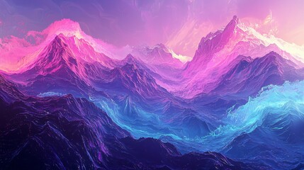 Poster - majestic mountains under a beautiful pink sky surrounded by gentle clouds and captivating high-key l