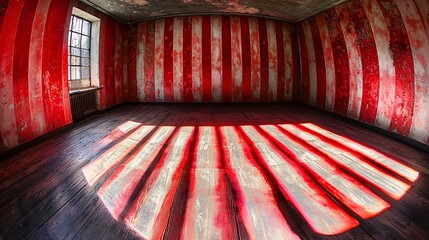 Poster - Unique room featuring a red and white striped wall design creating a playful atmosphere with abstract art and moody shadow play