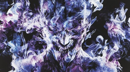 Poster - Enigmatic purple and blue smoke swirling in abstract art style featuring esoteric motifs and dramatic contrast captured with a fisheye perspective
