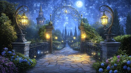Poster - An enigmatic gate illuminated by a street light in a dreamlike fog creating a surreal twilight glow filled with mystical wonder