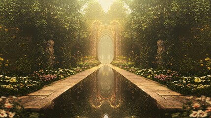 Poster - Serene garden featuring a charming bridge surrounded by dreamlike time loops and cinematic lighting creating a magical atmosphere