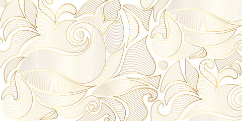 Aufkleber - Abstract Vector line gold ornament fancy nature elegant vintage background. Hand drawn wavy branches and leaves on white background design for decoration, wallpaper, cover, banner, poster card etc. 