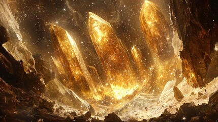 Poster - Rugged rocky mountain bathed in bright yellow light during golden hour creating a breathtaking cosmic landscape