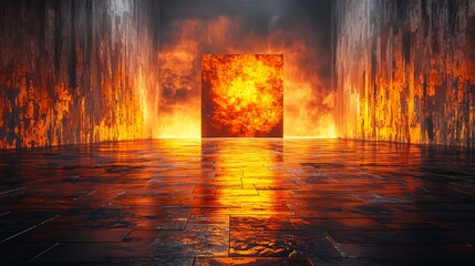 Poster - A cozy room featuring a fire burning in the middle surrounded by irregular mosaics with cinematic lighting creating a warm atmosphere
