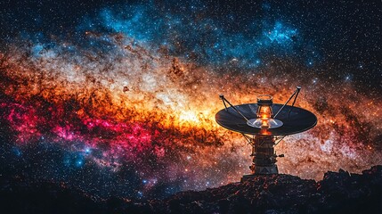 Poster - Radiant satellite orbiting the earth captured in a stunning cosmic scene showcasing deep-space telescopes and the vast universe beyond