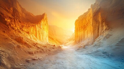 Poster - Narrow canyon surrounded by dramatic rock formations under a bright orange sky at sunset creating a stunning landscape scene