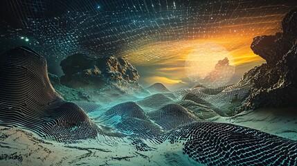 Poster - Futuristic dreamlike landscape featuring majestic mountains against a starry sky creating a surreal vibe with vibrating elements in nature