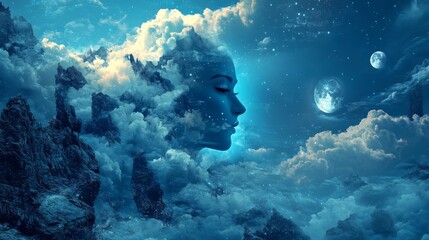 Wall Mural - A surreal portrait of a woman's face emerging from clouds in the night sky, with planets and stars surrounding her.