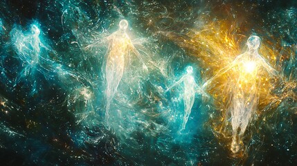 Poster - a diverse group of people immersed in a nebula, surrounded by dreamlike and ethereal beings creating