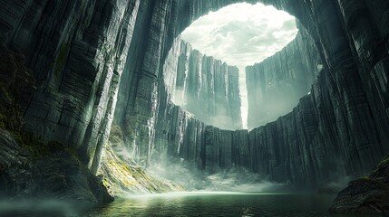 Poster - Enchanting waterfall cascading within a cave creating a surreal dreamlike atmosphere with vibrating landscapes in harsh lighting
