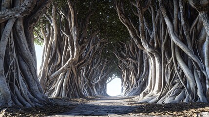 Poster - Serene tree-lined road surrounded by majestic ancient banyan trees creating a picturesque pathway through nature's beauty and tranquil environment