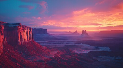Poster - Breathtaking sunset over towering rocky landscape with cinematic lighting casting dramatic shadows across the rugged terrain