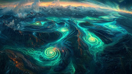Poster - Spectacular swirling shapes in the sky showcasing vibrant energy fields and dreamlike neon aurora spirals captivating night viewers