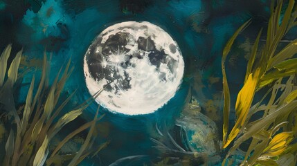 Poster - Enchanting full moon illuminating the night sky with a mystical glow and evocative shadows in an ethereal landscape