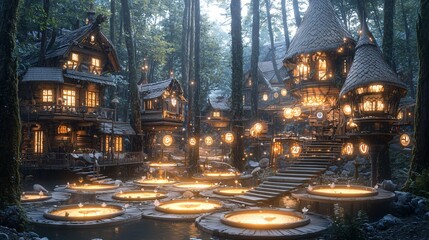 Poster - Fantasy village illuminated with magical lights in a dreamlike landscape surrounded by nature’s splendor creating an enchanting atmosphere